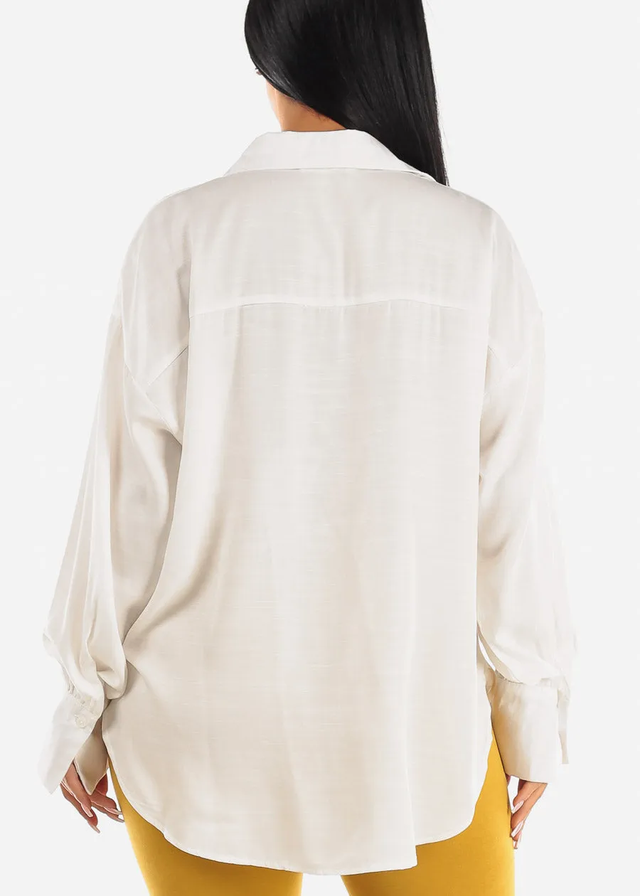 Long Sleeve Button Up Glossy Satin Collared Blouse Ivory sold by Moda product image thumbnail 5