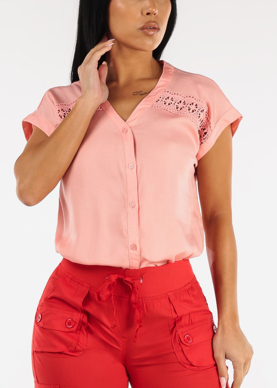 Dolman Short Sleeve Vneck Button Down Blouse Coral sold by Moda