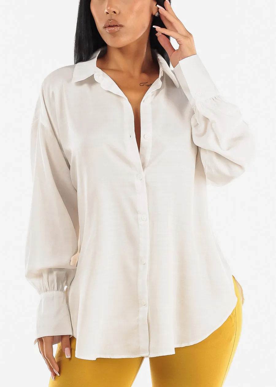 Long Sleeve Button Up Glossy Satin Collared Blouse Ivory sold by Moda product image thumbnail 3