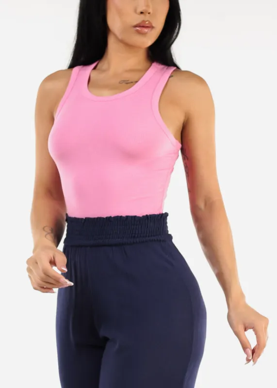 Sleeveless Crewneck Ribbed Crop Top Pink sold by Moda