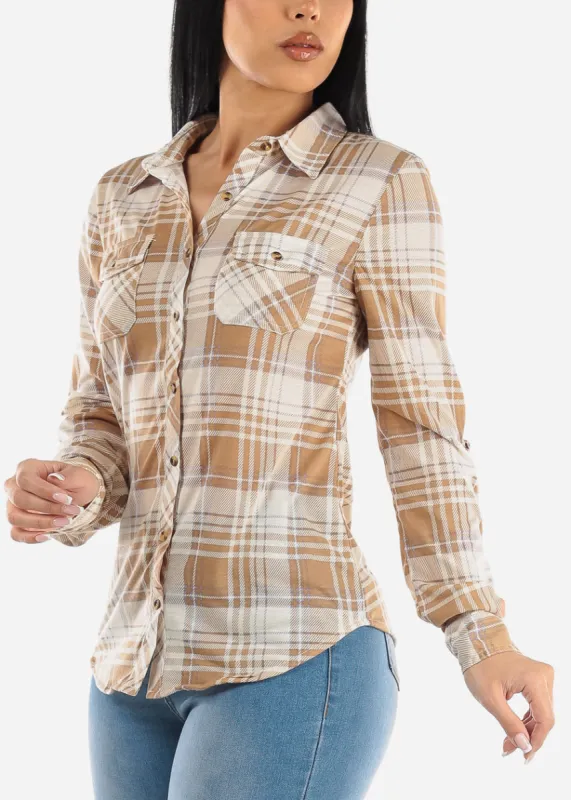 Long Sleeve Button Up Plaid Shirt Taupe & Ivory sold by Moda