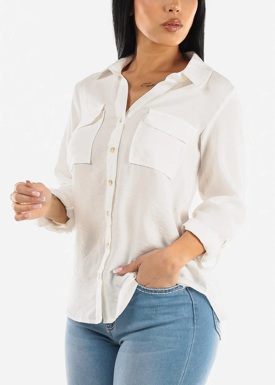 Button Down Long Sleeve White Shirt w Pockets sold by Moda