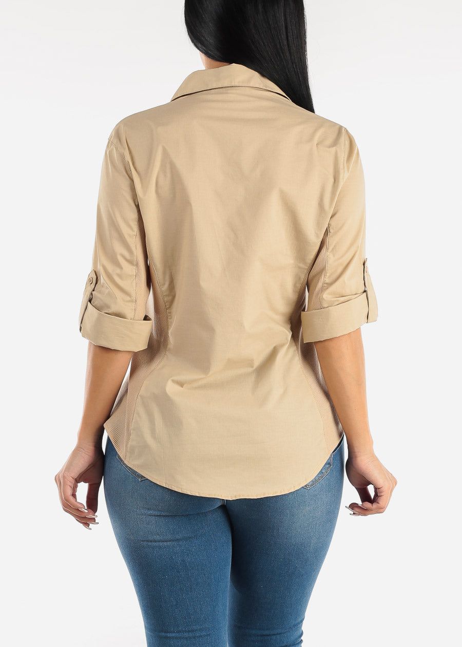Quarter Sleeve Button Up Shirt Khaki w Contrast Panel sold by Moda product image thumbnail 5