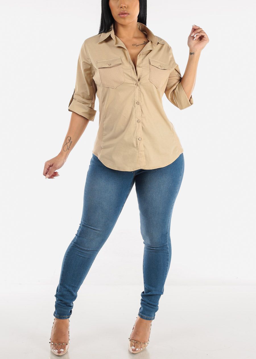 Quarter Sleeve Button Up Shirt Khaki w Contrast Panel sold by Moda product image thumbnail 3