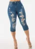 Distressed Mid Rise Stretchy Denim Capris sold by Moda