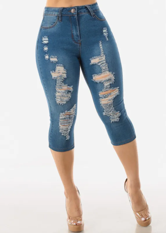 Distressed Mid Rise Stretchy Denim Capris sold by Moda