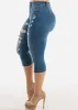 Distressed Mid Rise Stretchy Denim Capris sold by Moda