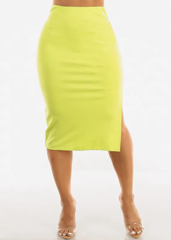 High Waist Side Slit Pencil Skirt Lime sold by Moda