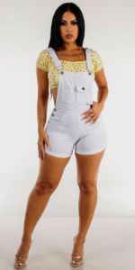 White Cuffed Denim Short Overalls with Yellow Lace Up Back Floral Crop Top sold by Moda