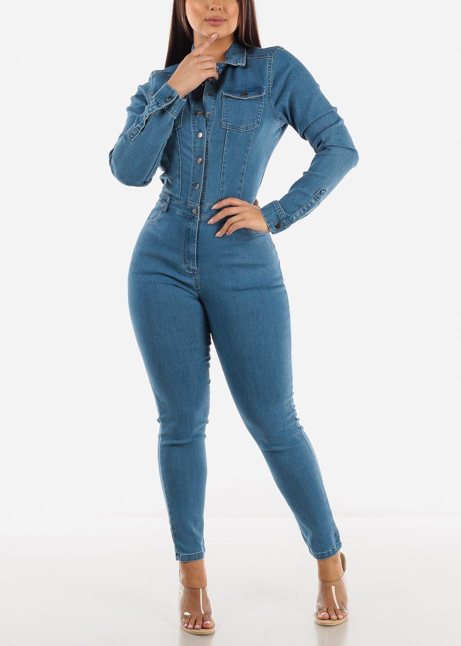 Long Sleeve Med Wash Denim Jumpsuit sold by Moda