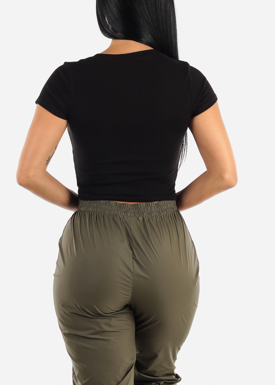 Basic V Neck Ribbed Crop Top Black sold by Moda product image thumbnail 4