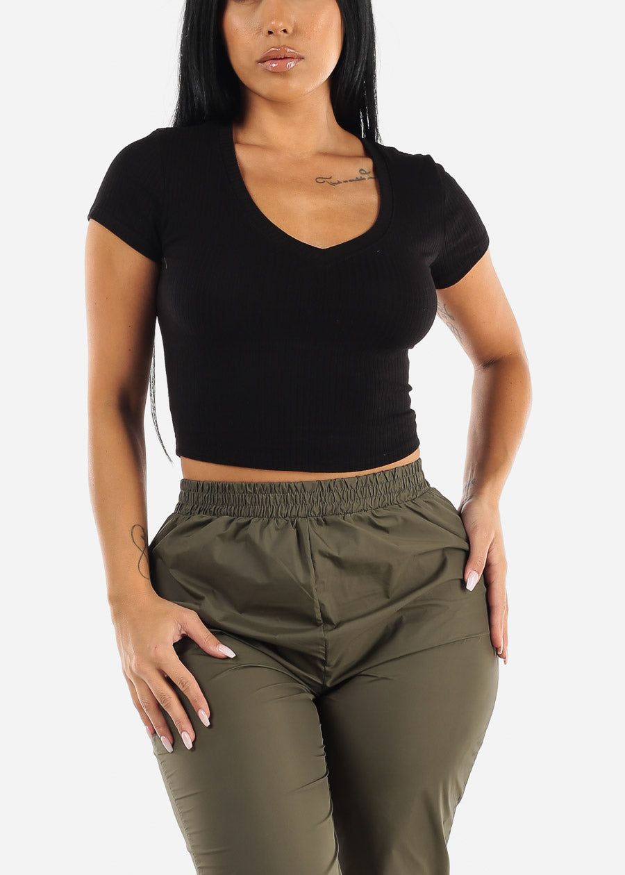 Basic V Neck Ribbed Crop Top Black sold by Moda