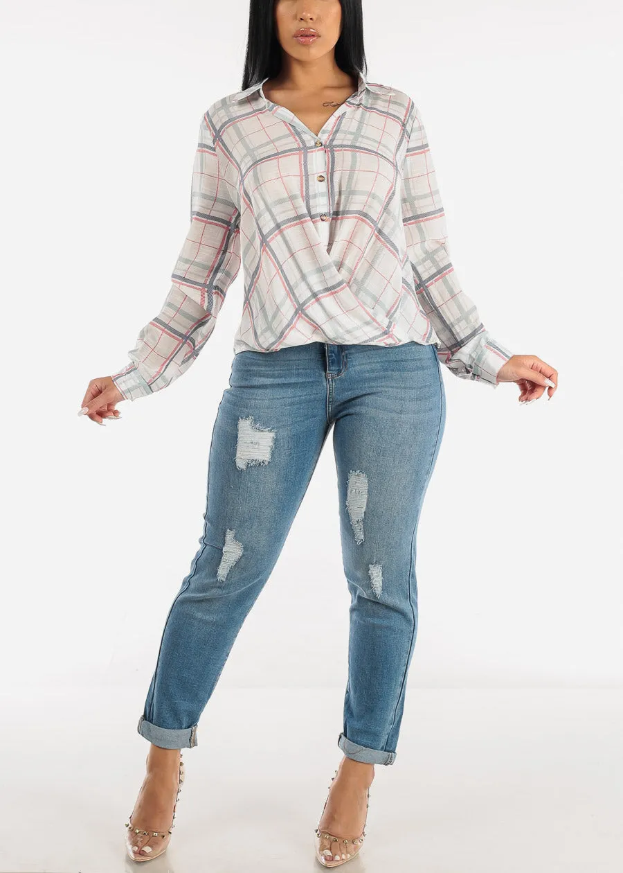 Long Sleeve White Plaid Shirt w Twisted Front sold by Moda product image thumbnail 2