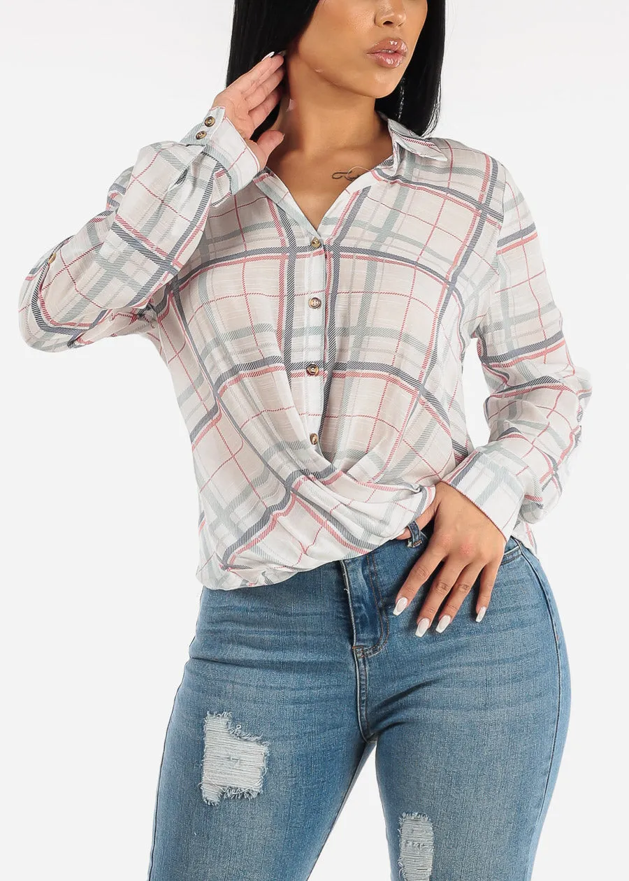 Long Sleeve White Plaid Shirt w Twisted Front sold by Moda
