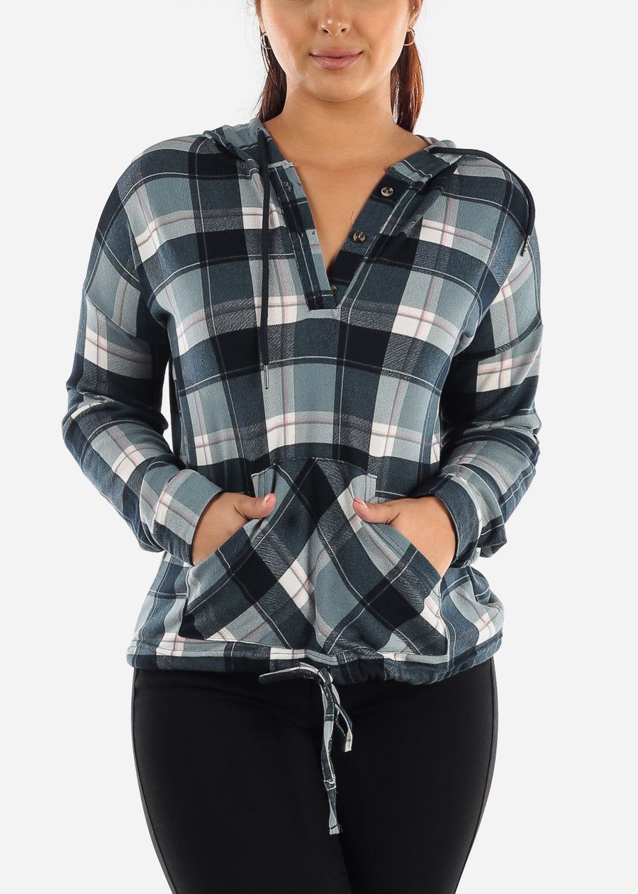 Long Sleeve Plaid Pullover Hoodie Teal sold by Moda