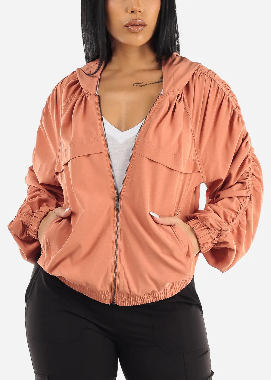 Ruched Long Sleeve Zip Up Jacket Rust sold by Moda