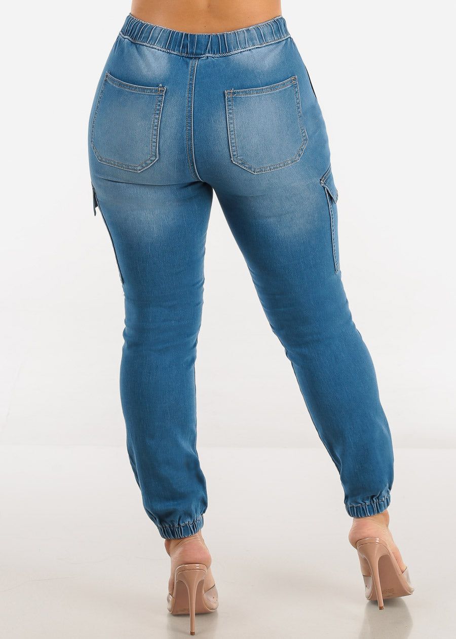 High Drawstring Waist Denim Cargo Joggers Med Blue sold by Moda product image thumbnail 4