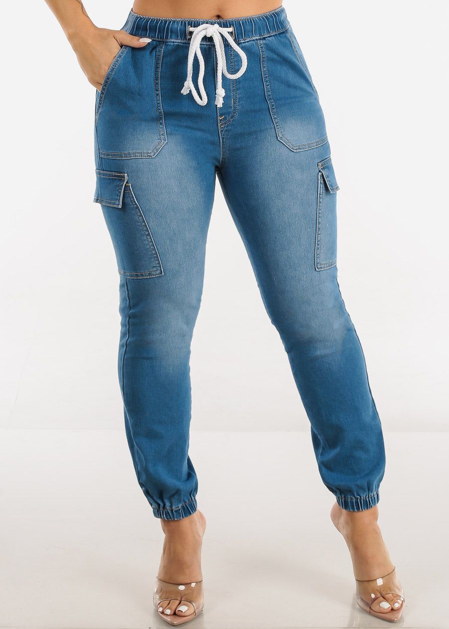 High Drawstring Waist Denim Cargo Joggers Med Blue sold by Moda