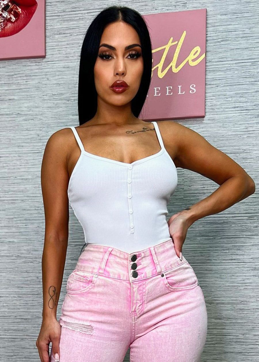 White Sleeveless Vneck Ribbed Bodysuit sold by Moda