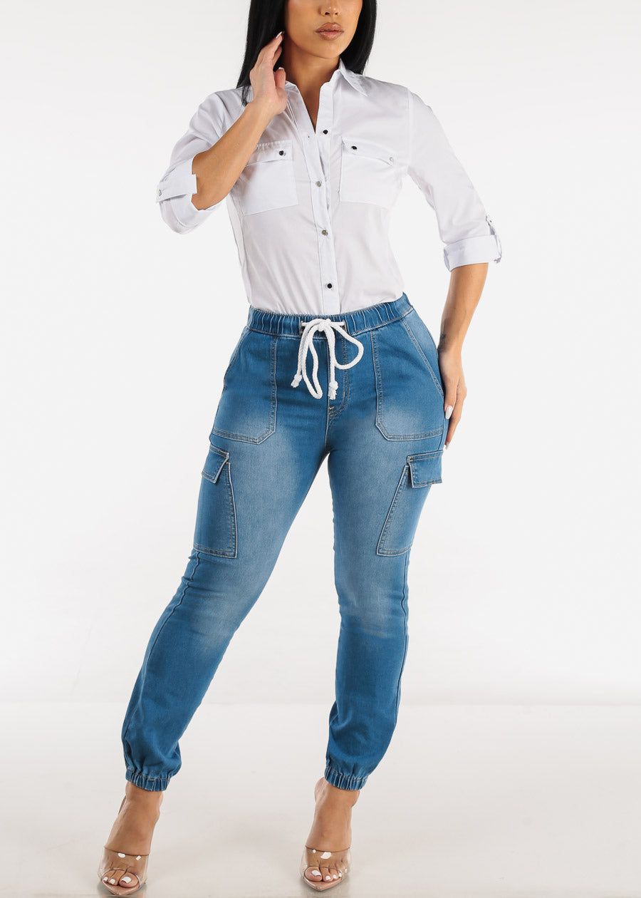 High Drawstring Waist Denim Cargo Joggers Med Blue sold by Moda product image thumbnail 2