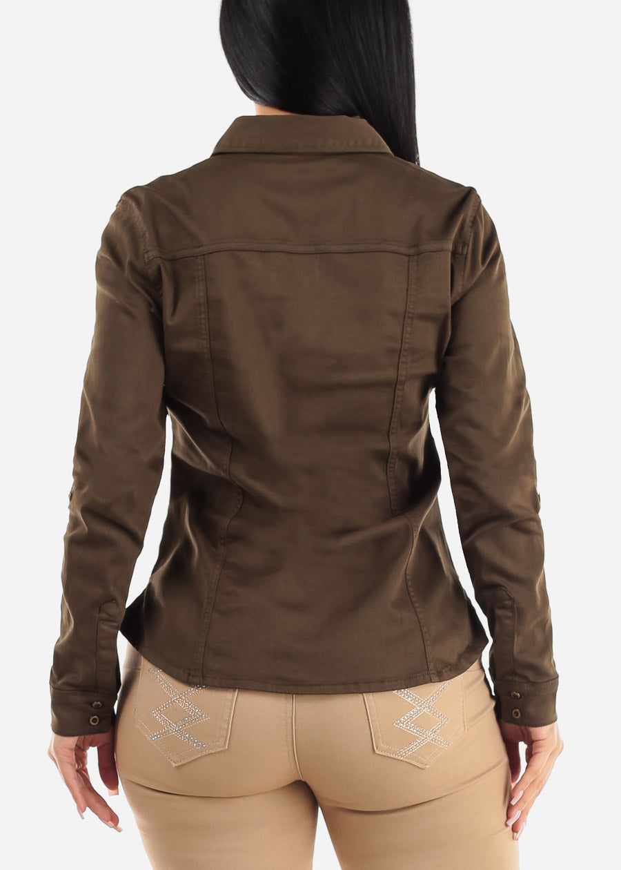 Long Sleeve Button Up Stretch Collared Blouse Olive sold by Moda product image thumbnail 4