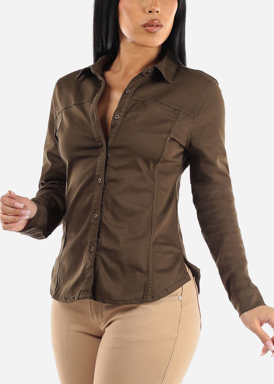 Long Sleeve Button Up Stretch Collared Blouse Olive sold by Moda