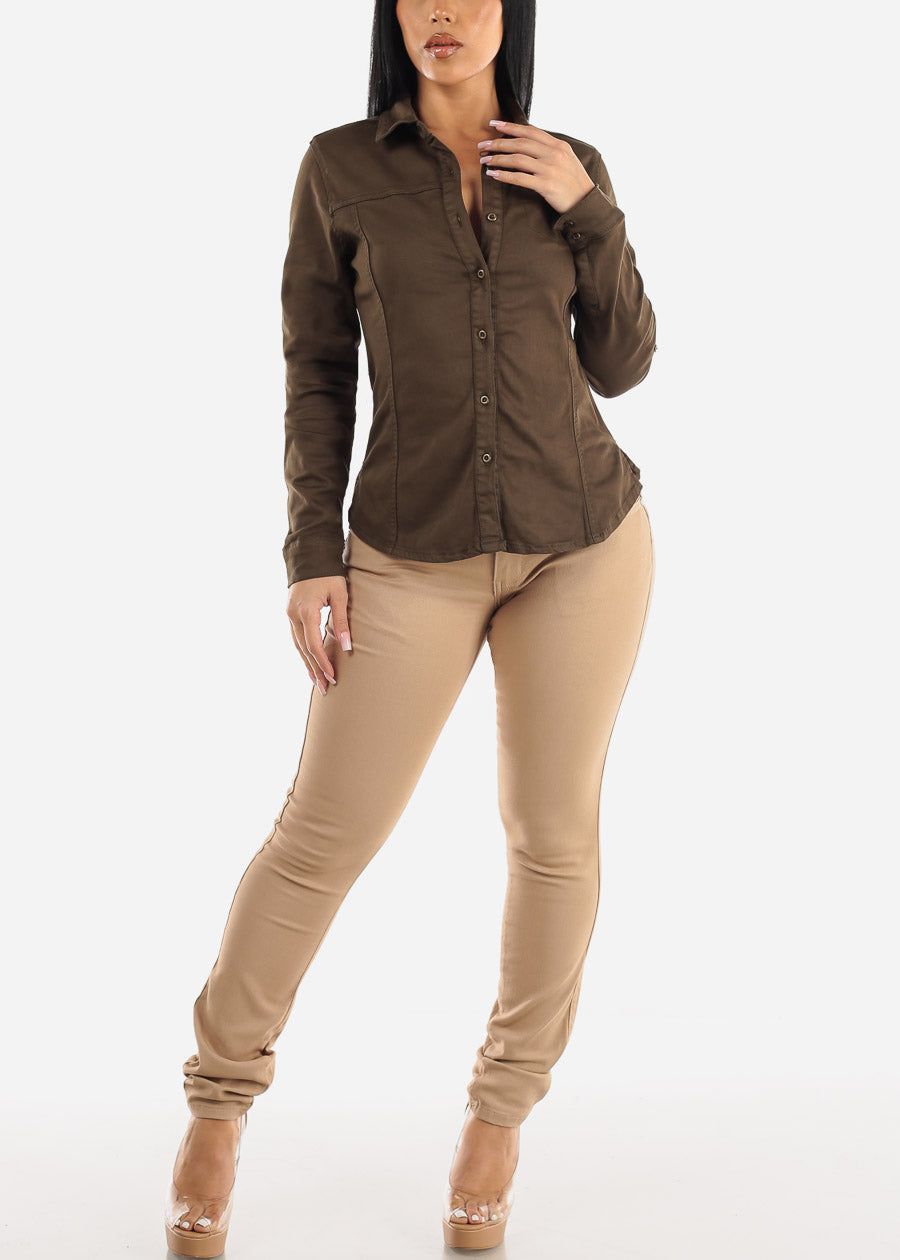 Long Sleeve Button Up Stretch Collared Blouse Olive sold by Moda product image thumbnail 2