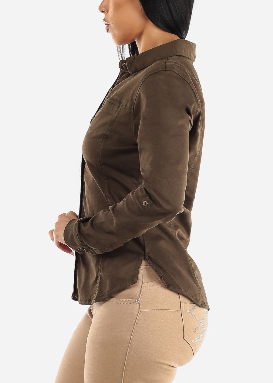 Long Sleeve Button Up Stretch Collared Blouse Olive sold by Moda product image thumbnail 3