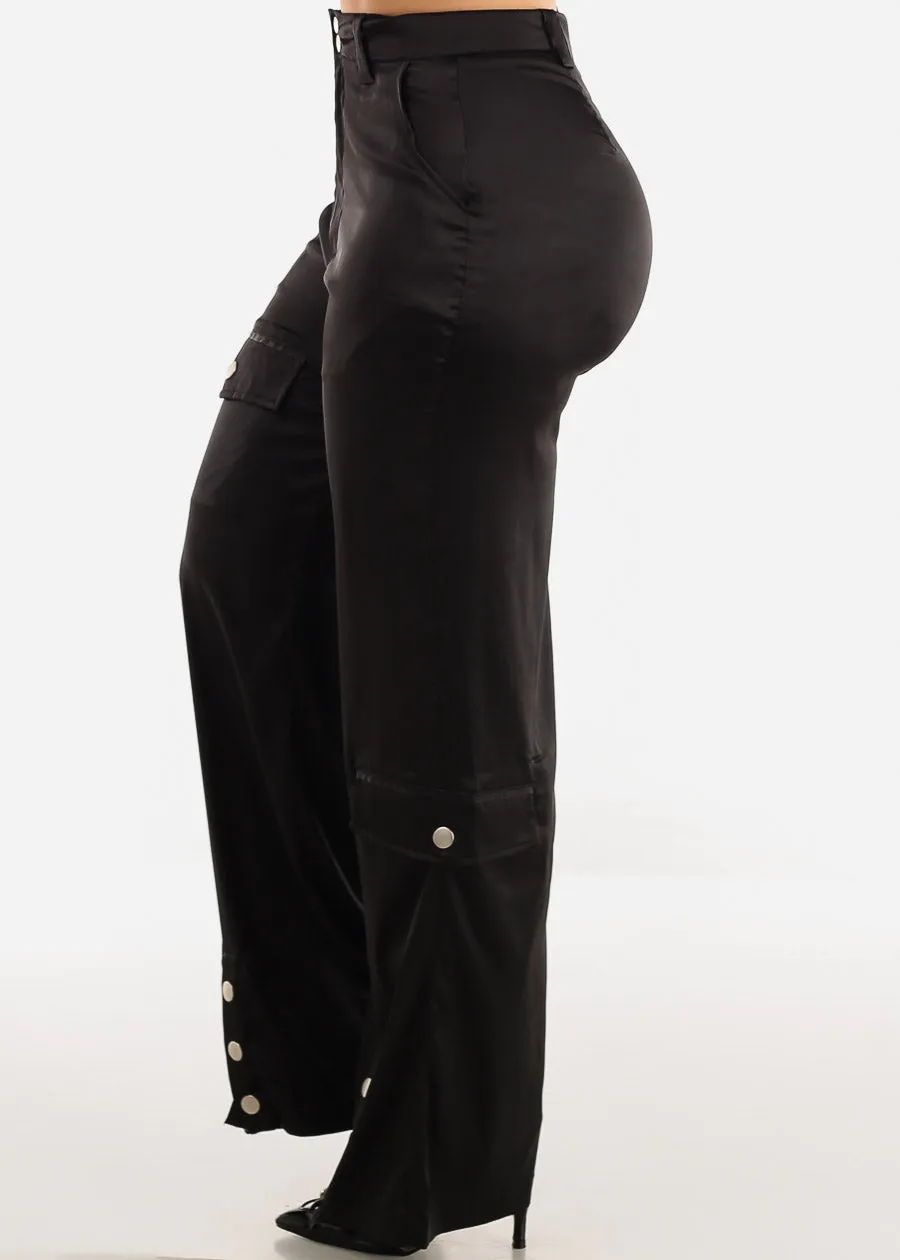 High Waist Black Wide Leg Satin Cargo Pants sold by Moda product image thumbnail 3