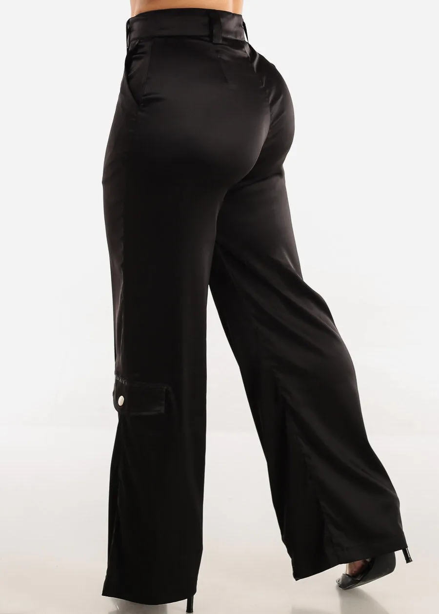 High Waist Black Wide Leg Satin Cargo Pants sold by Moda product image thumbnail 4