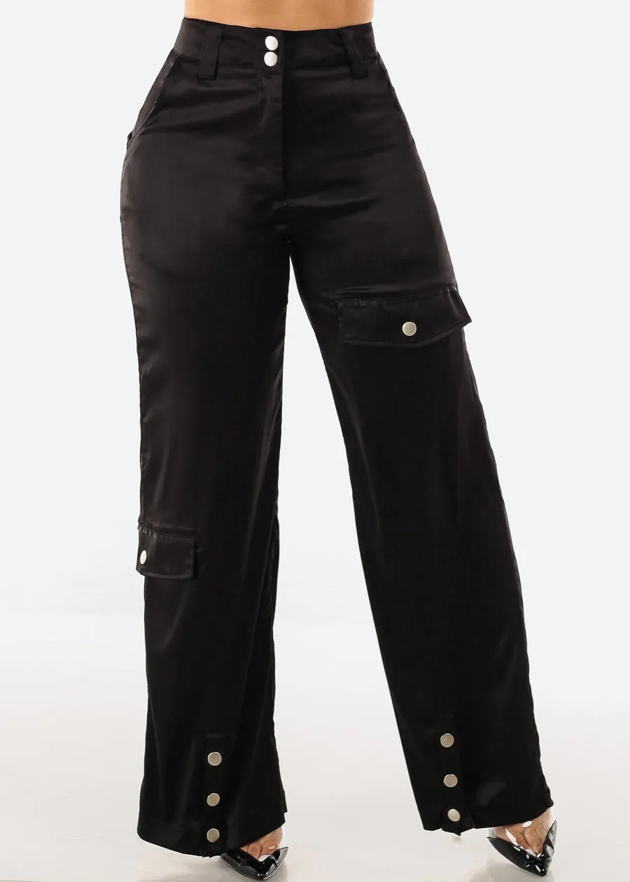 High Waist Black Wide Leg Satin Cargo Pants sold by Moda