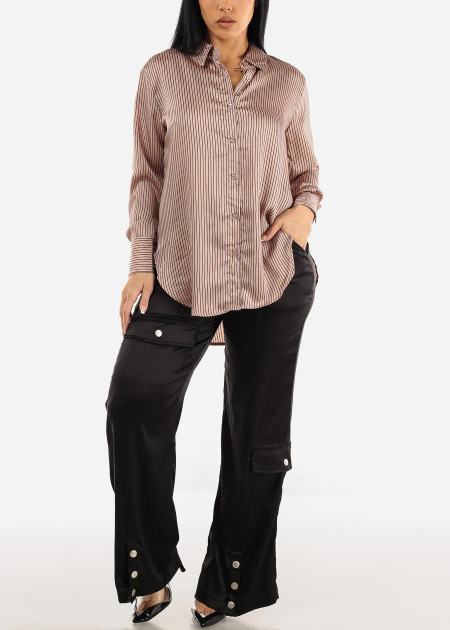 High Waist Black Wide Leg Satin Cargo Pants sold by Moda product image thumbnail 5