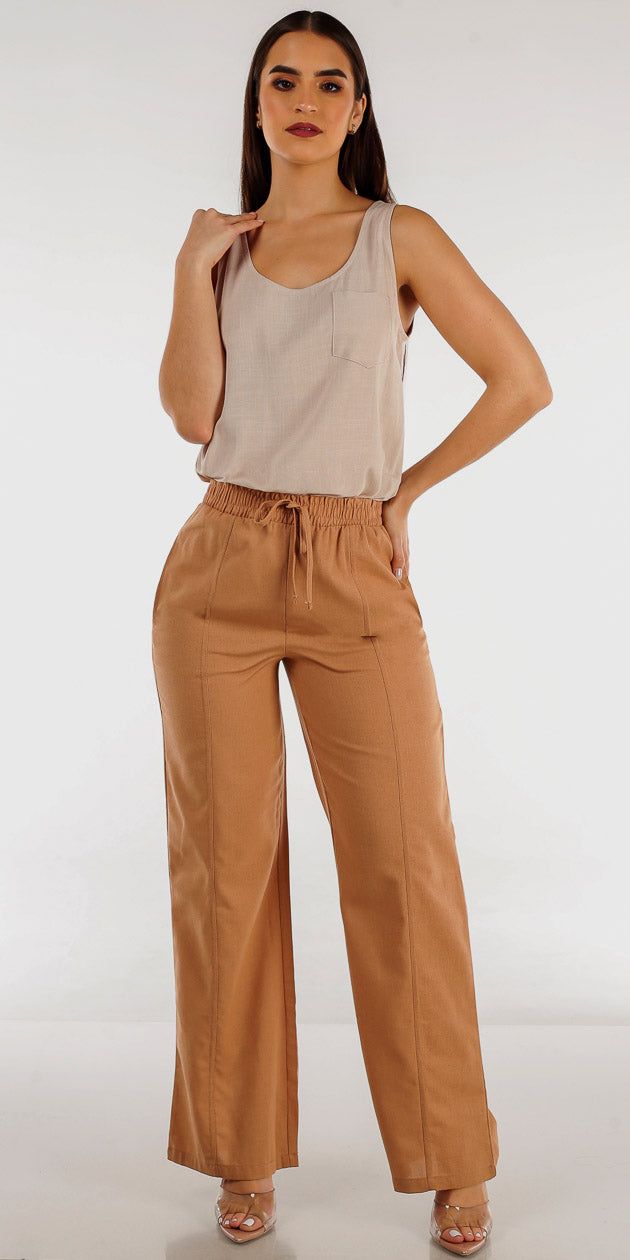 Khaki High Rise Wide Leg Linen Pants with Sleeveless Taupe Tank Top sold by Moda
