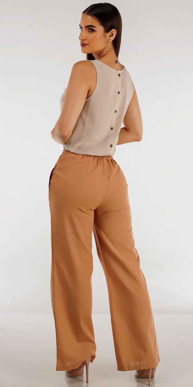 Khaki High Rise Wide Leg Linen Pants with Sleeveless Taupe Tank Top sold by Moda product image thumbnail 2