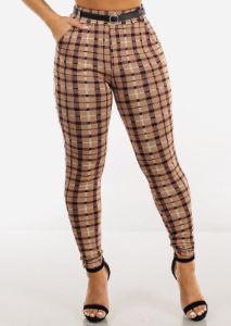 Light Brown Plaid Butt Lifting Skinny Pants w Belt sold by Moda