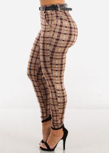 Light Brown Plaid Butt Lifting Skinny Pants w Belt sold by Moda