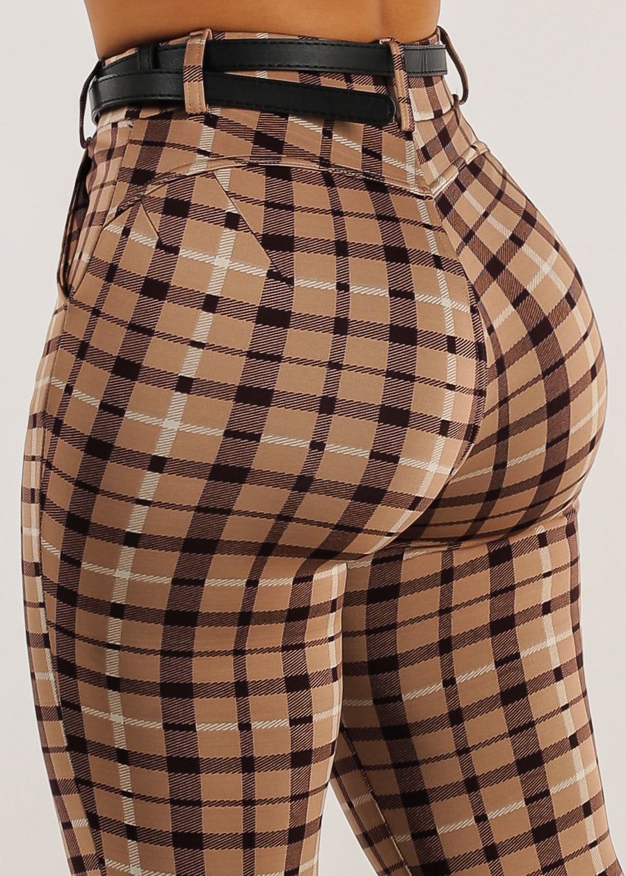 Light Brown Plaid Butt Lifting Skinny Pants w Belt sold by Moda