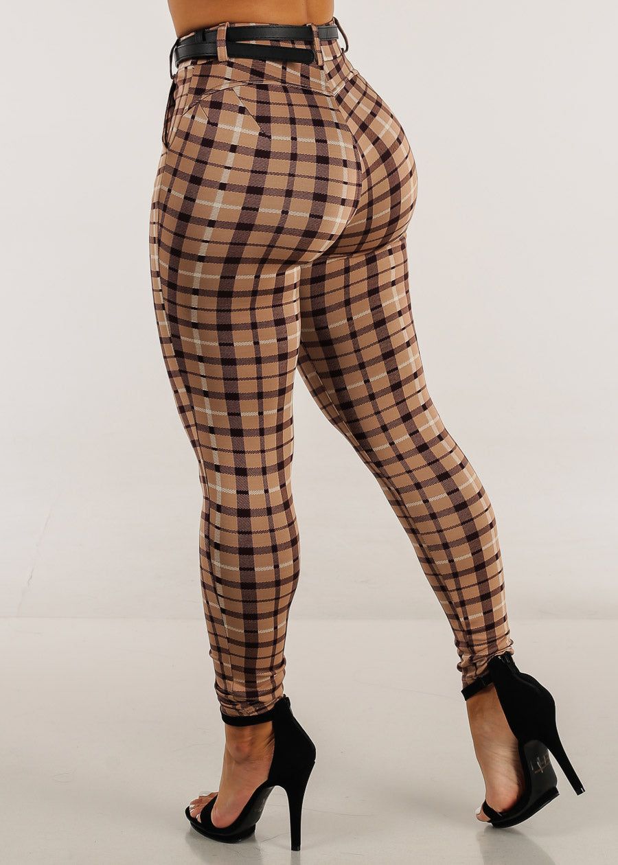Light Brown Plaid Butt Lifting Skinny Pants w Belt sold by Moda product image thumbnail 5