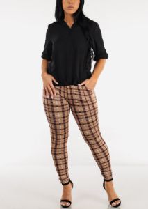 Light Brown Plaid Butt Lifting Skinny Pants w Belt sold by Moda