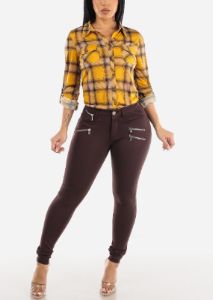 Mid Rise Brown Skinny Pants w Zipper Detail sold by Moda