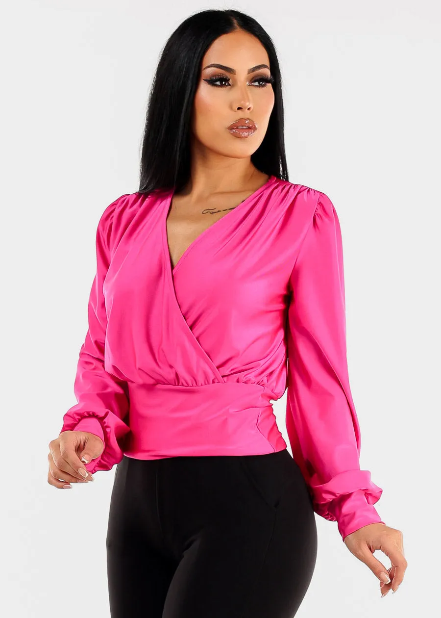 Long Sleeve Surplice Satin Blouse Fuchsia sold by Moda