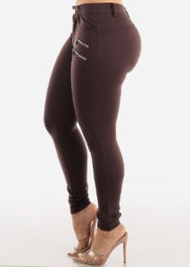 Mid Rise Brown Skinny Pants w Zipper Detail sold by Moda