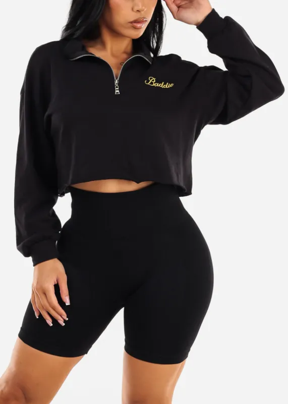 Long Sleeve Black Cropped Sweatshirt "Baddie" sold by Moda