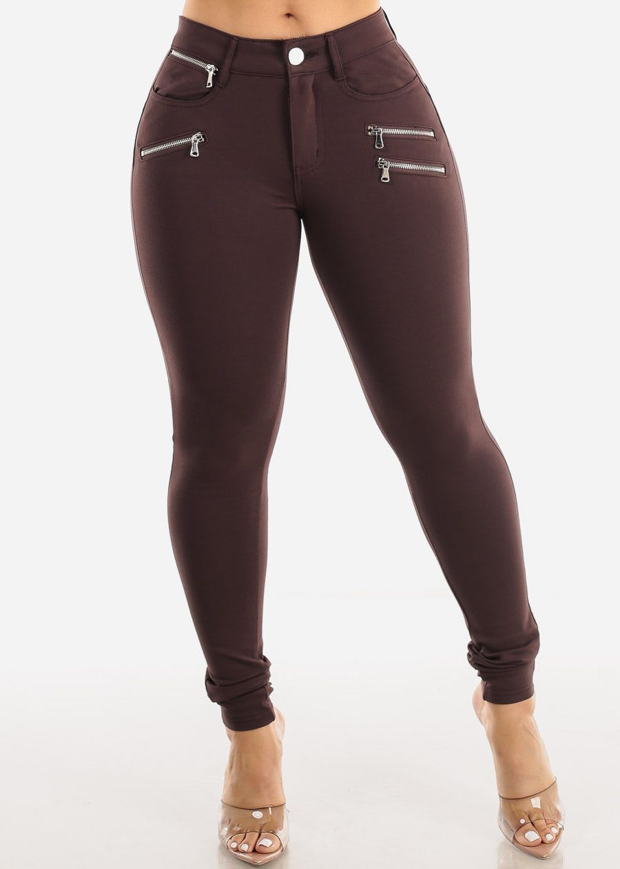Mid Rise Brown Skinny Pants w Zipper Detail sold by Moda