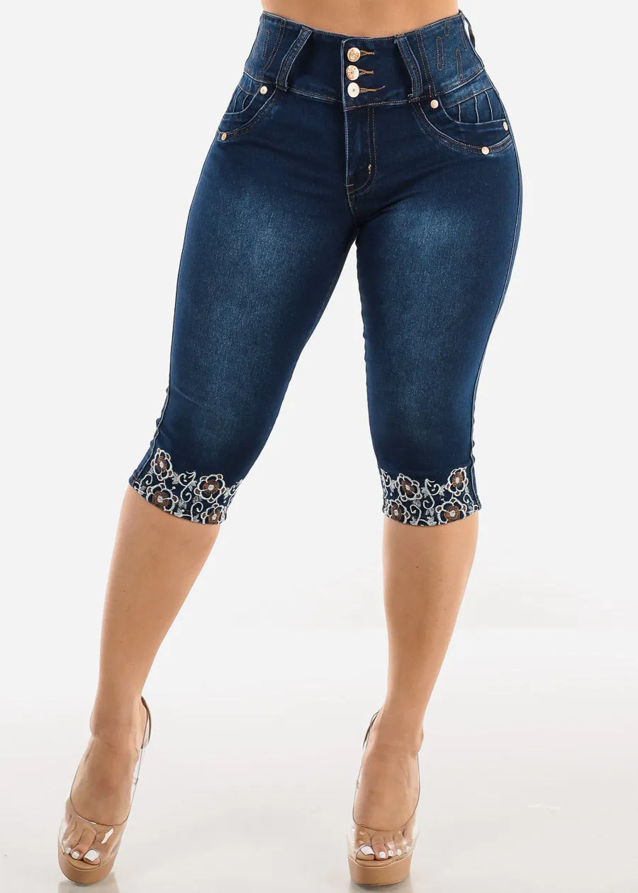 Butt Lift High Waist Dark Denim Capris w Floral Stitching sold by Moda product image thumbnail 3