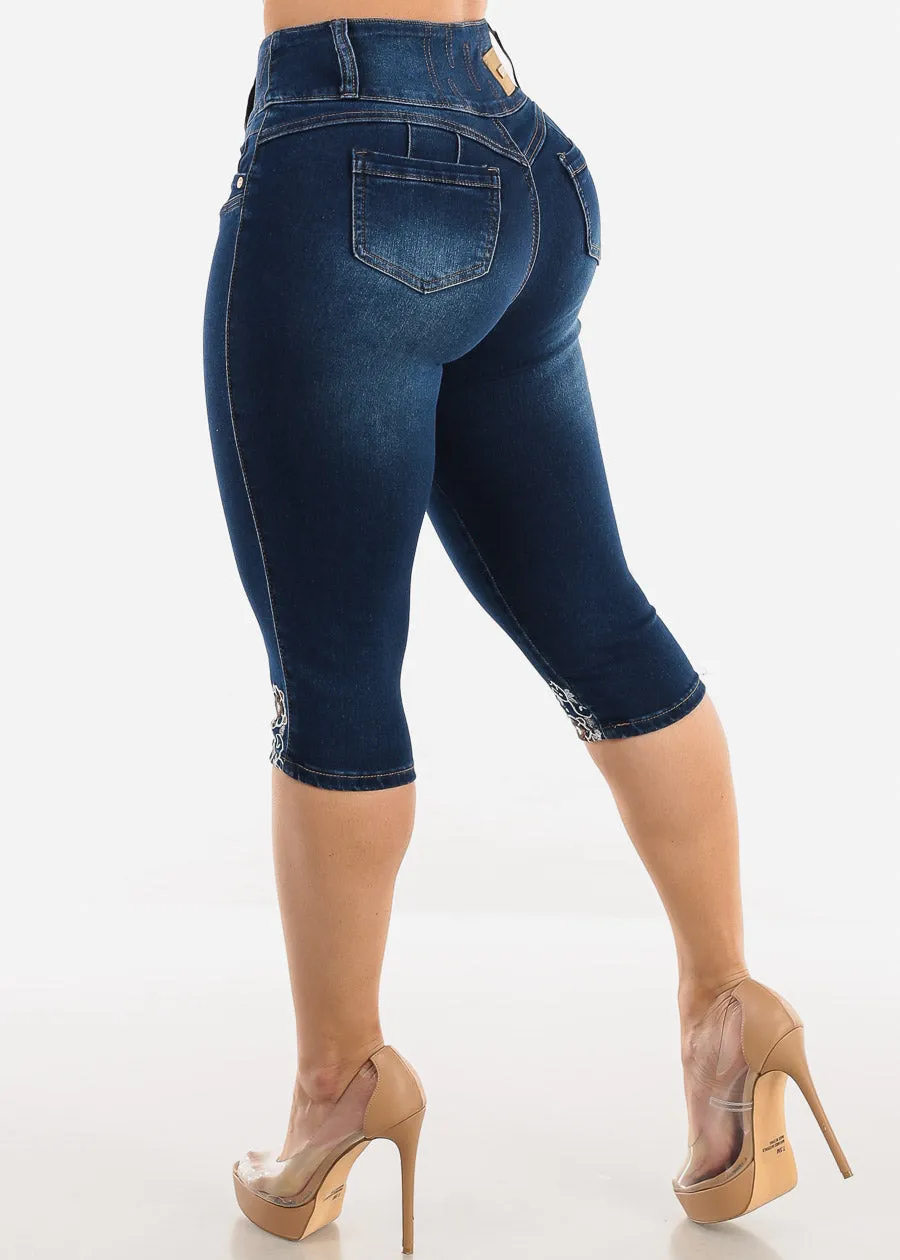 Butt Lift High Waist Dark Denim Capris w Floral Stitching sold by Moda