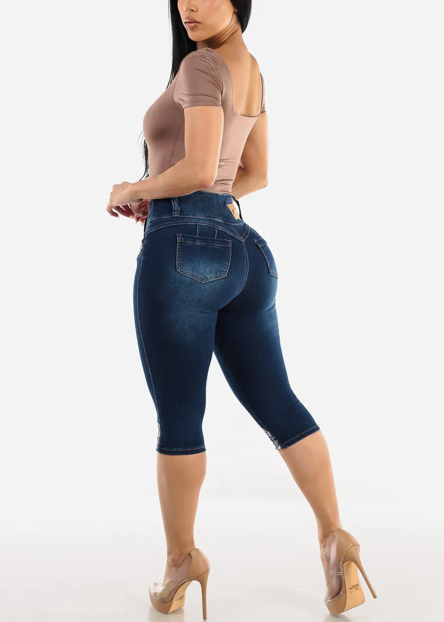 Butt Lift High Waist Dark Denim Capris w Floral Stitching sold by Moda product image thumbnail 5