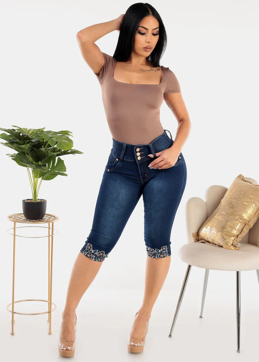 Butt Lift High Waist Dark Denim Capris w Floral Stitching sold by Moda product image thumbnail 2