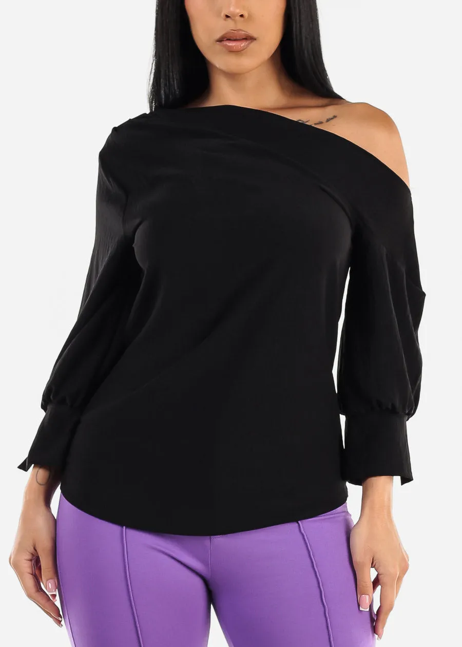 Asymmetrical One Shoulder Black Blouse sold by Moda
