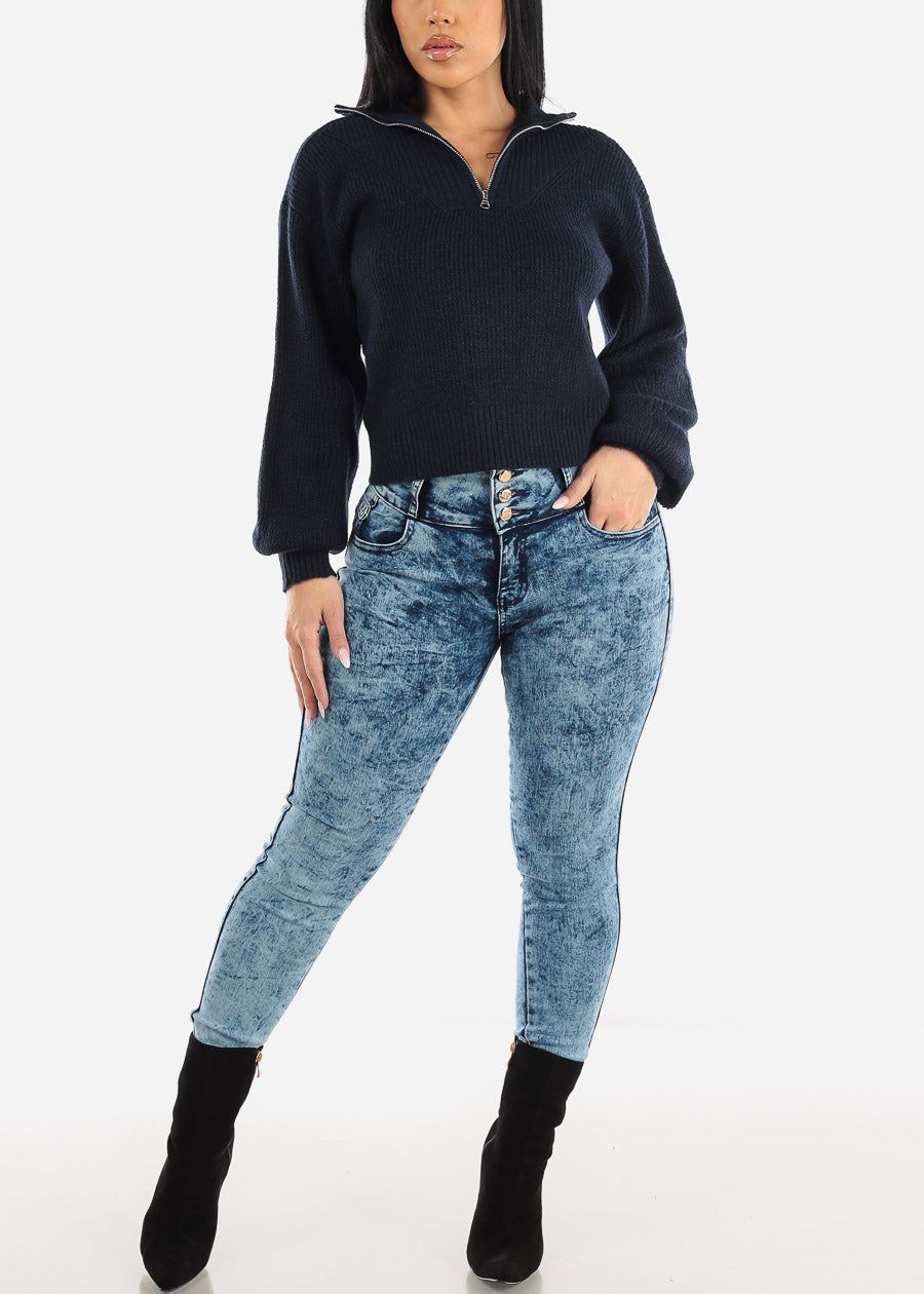 Mock Neck Half Zip Up Pullover Mossy Sweater Navy sold by Moda product image thumbnail 2